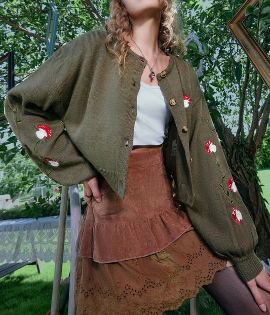 Mushroom Embroidered Olive Cardigan