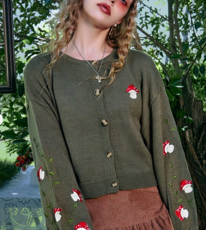 Mushroom Embroidered Olive Cardigan