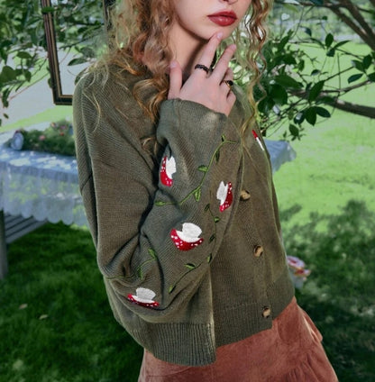 Mushroom Embroidered Olive Cardigan