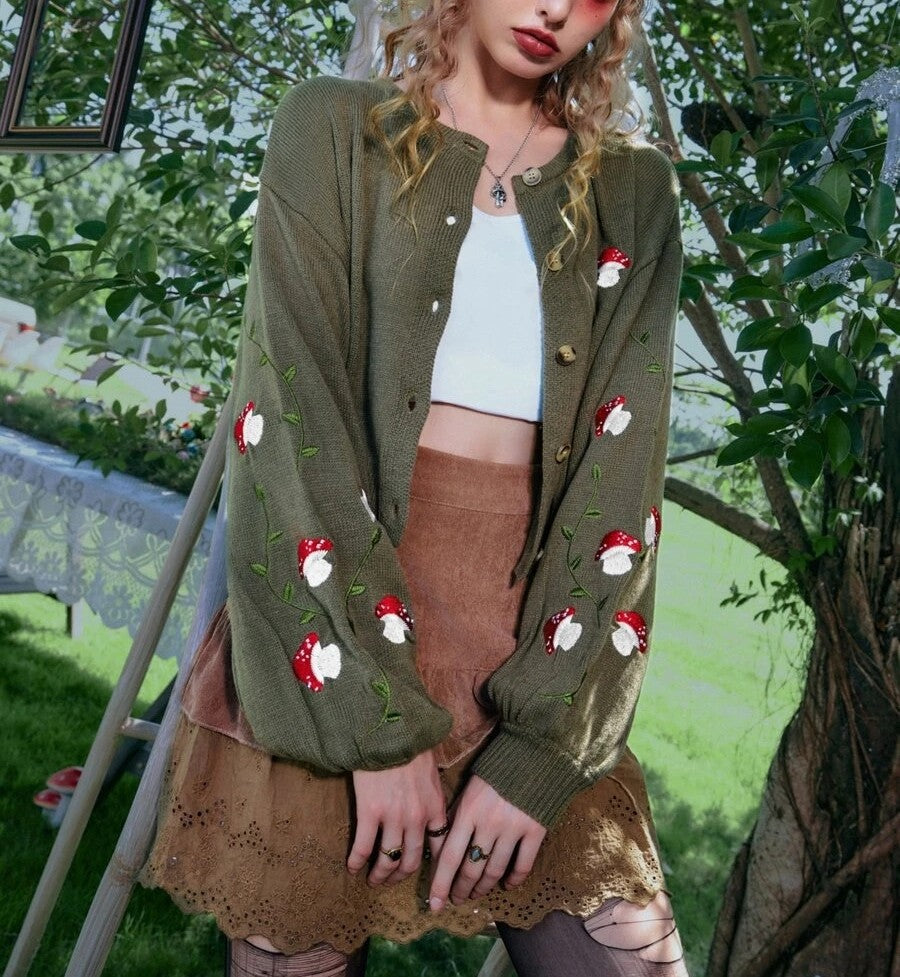 Mushroom Embroidered Olive Cardigan