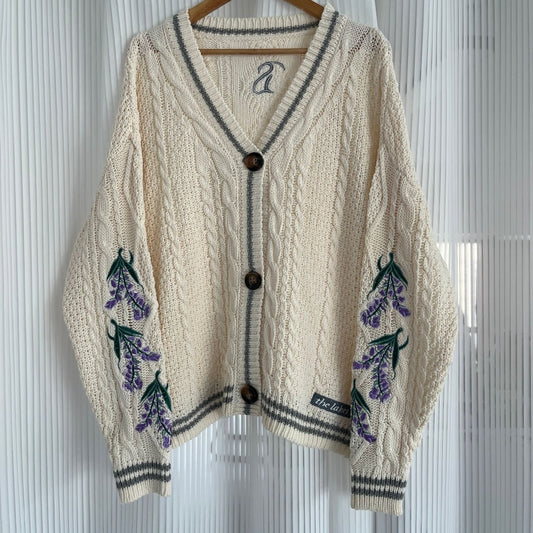 Taylor Swift inspired the lakes cardigan with wisteria embroidered on both sleeves, the lakes patch at the bottom and TS initial embroidered at the back.