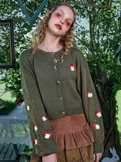 Mushroom Embroidered Olive Cardigan