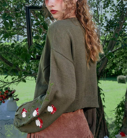 Mushroom Embroidered Olive Cardigan